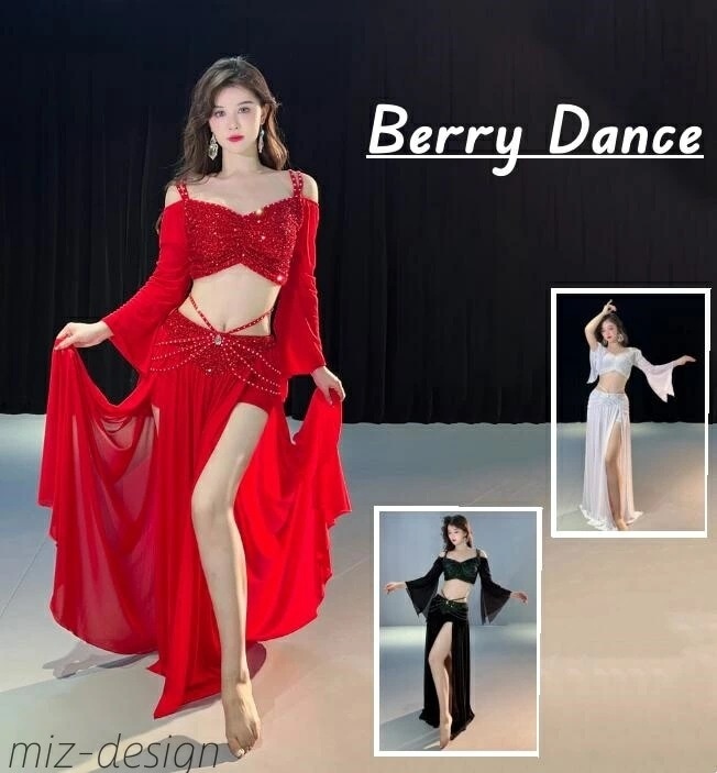 [イベントのための新作]【送 料 無 料】ベリーダンス衣装 ベリー 演出服 スパンコール付き キラキラ スカートセット フレア袖 へそ出しTシャツ スリット入り ベリー レッスン着