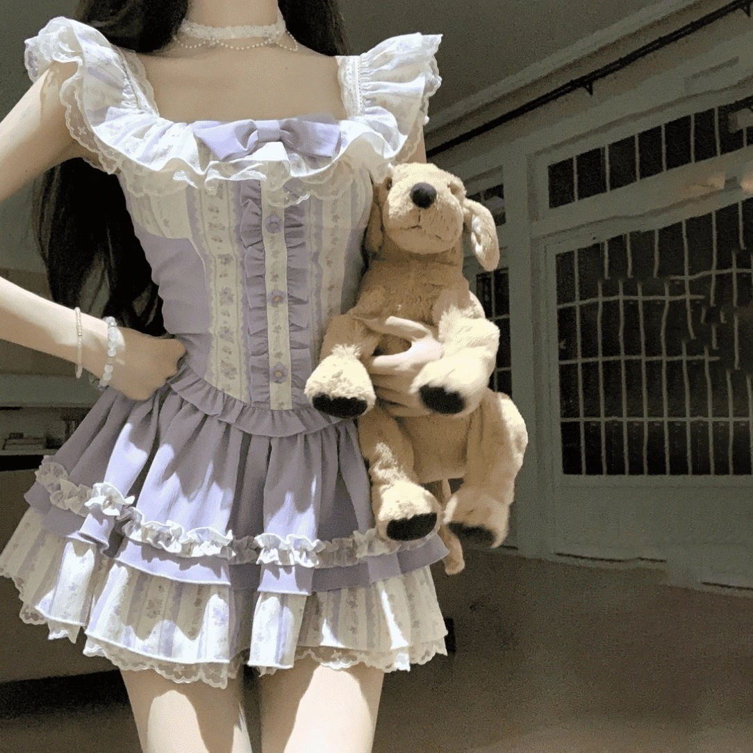 2025夏作スウィートスタイルかわいいスリムトップスふわふわスカートツーピースファッショントップス2点セット夏服レディース上着半ズボンセットアップ地雷原宿量産型