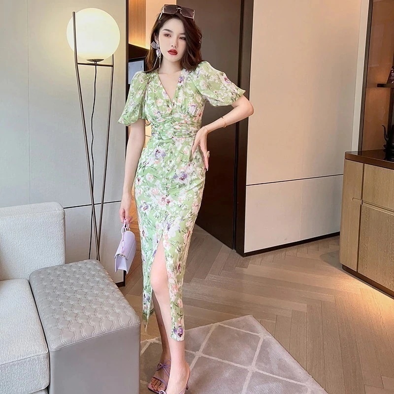 夏 女性 パフスリーブ グリーン フローラル ワンピース ロングスカート フォーマル パーティードレス 同窓会 結婚式 披露宴 卒業式 演奏会 二次会 発表会