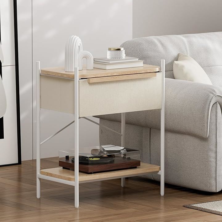 サイドテーブル 引き出し付き ナイトテーブル 低め ベッドサイドテーブル チェスト タンス 収納 収納棚付き 布製 ソファー リビング 寝室 コンパクト 軽量(ベージュ, Large)