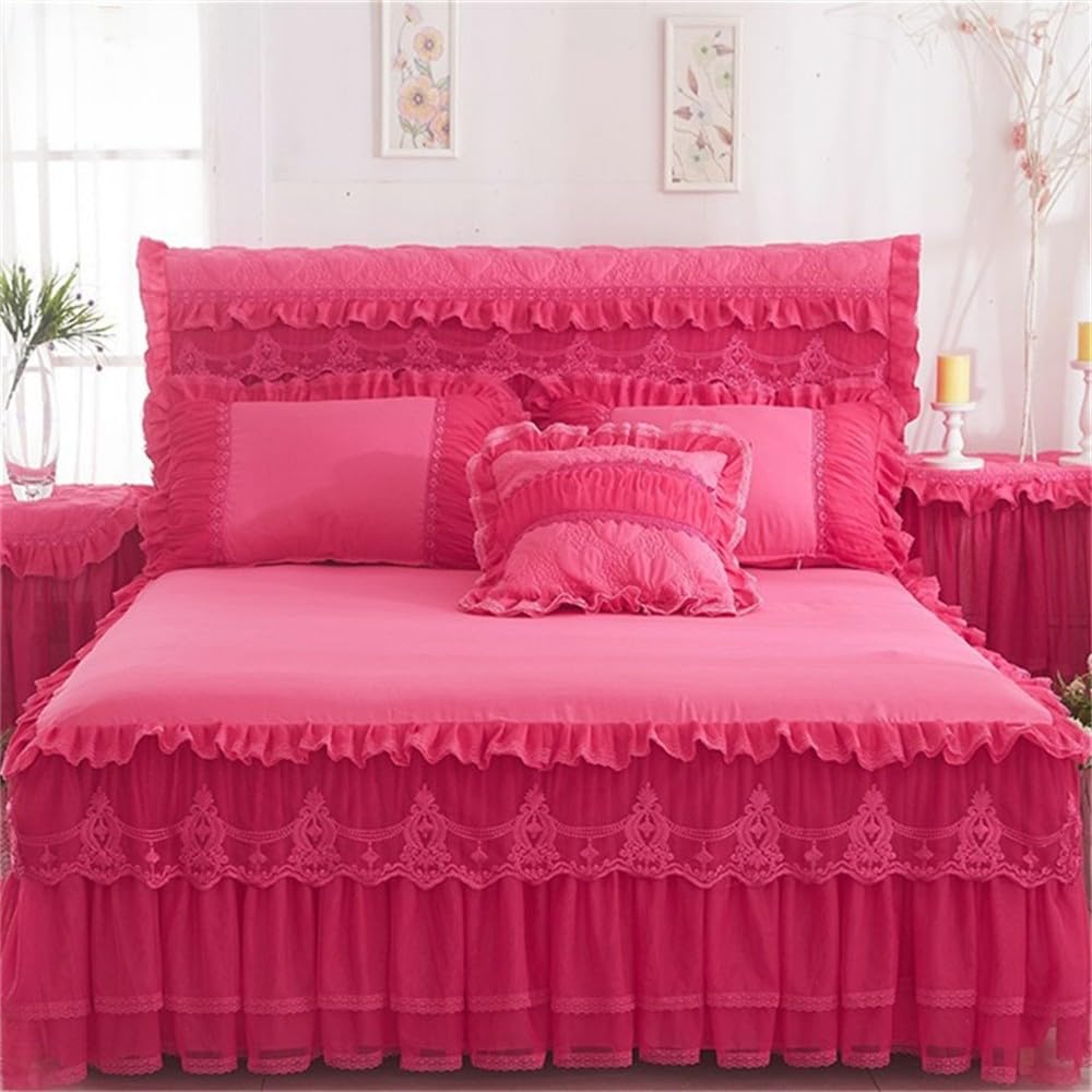 プリンセスベッドスカートセット ベッドスカート 枕カバー 寝具 ベッドスプレッド シーツ ピンク 女の子用寝具 ベッドカバー ローズレッド 180x200cm