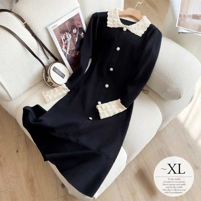 【2025新作SALE】ニットワンピース 膝丈 ワンピース 長袖 厚手 大きいサイズ 大人かわいい 美人 レディース 秋 冬 30代 40代 50代 ブラック 無地 襟付き レース 袖コンシャス クラ