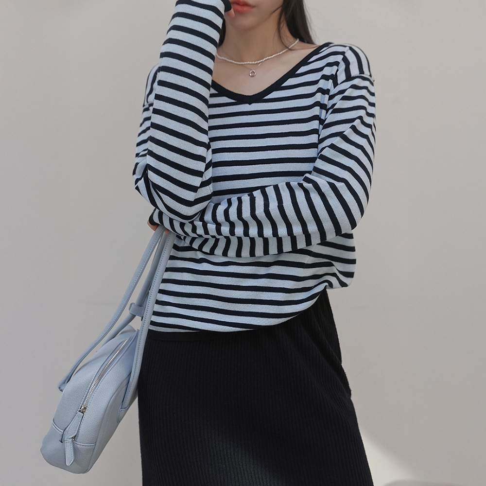 コイズルーズVネックストライプカラーリングニット