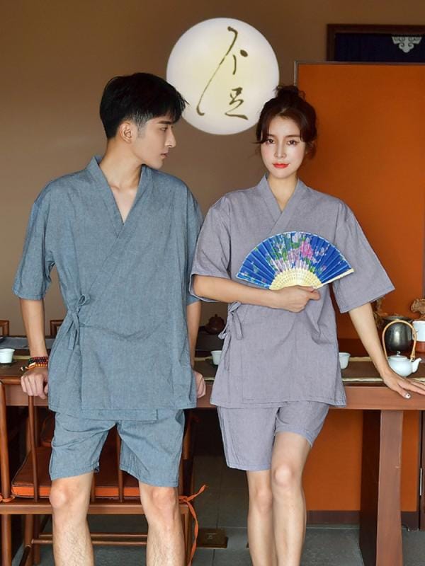 サウナ服 パジャマ ルームウェア メンズ レディース コットン 入浴 マッサージ 大きいサイズ チェック パープル ブルー ピンク