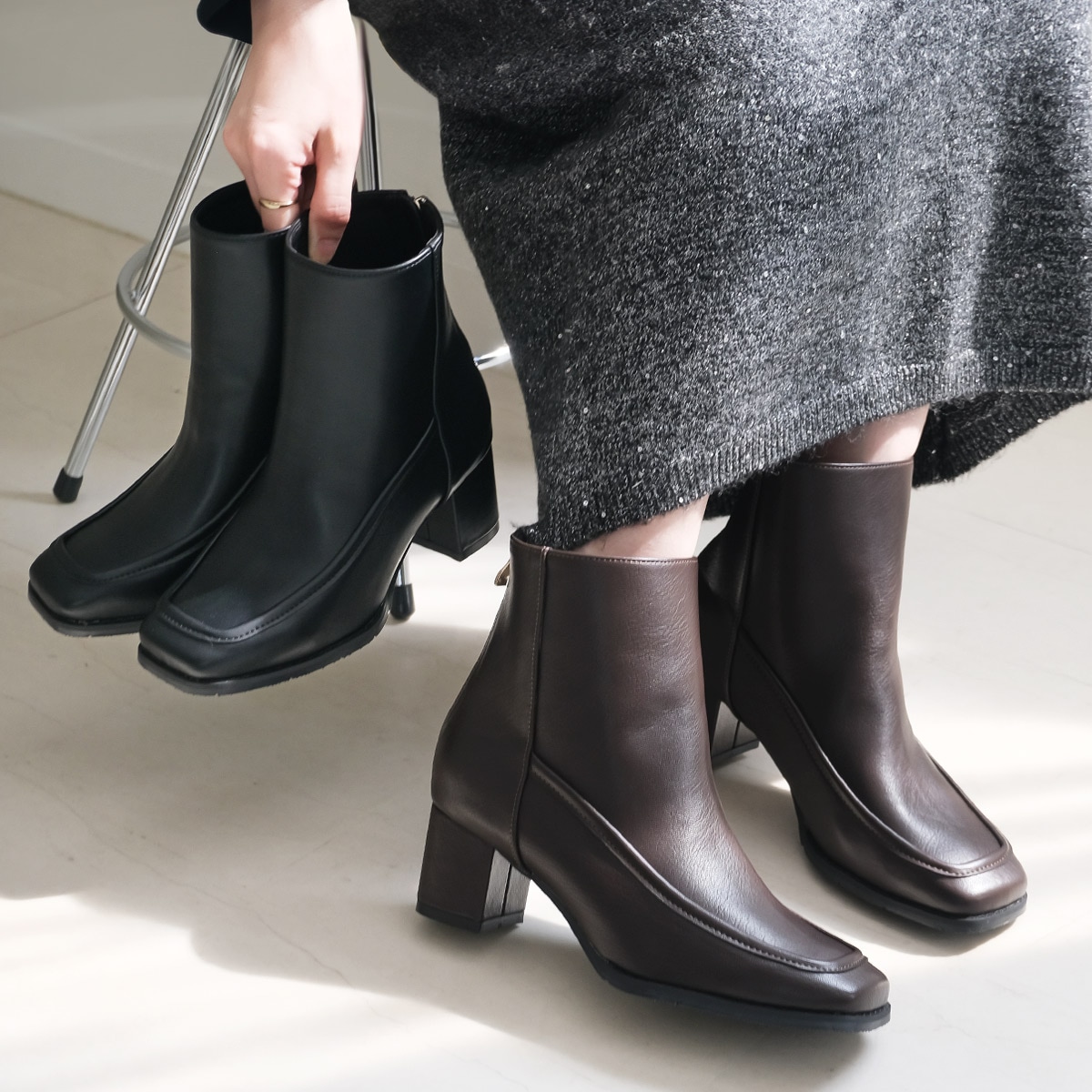 スクエアショートブーツバックファスナー レディース