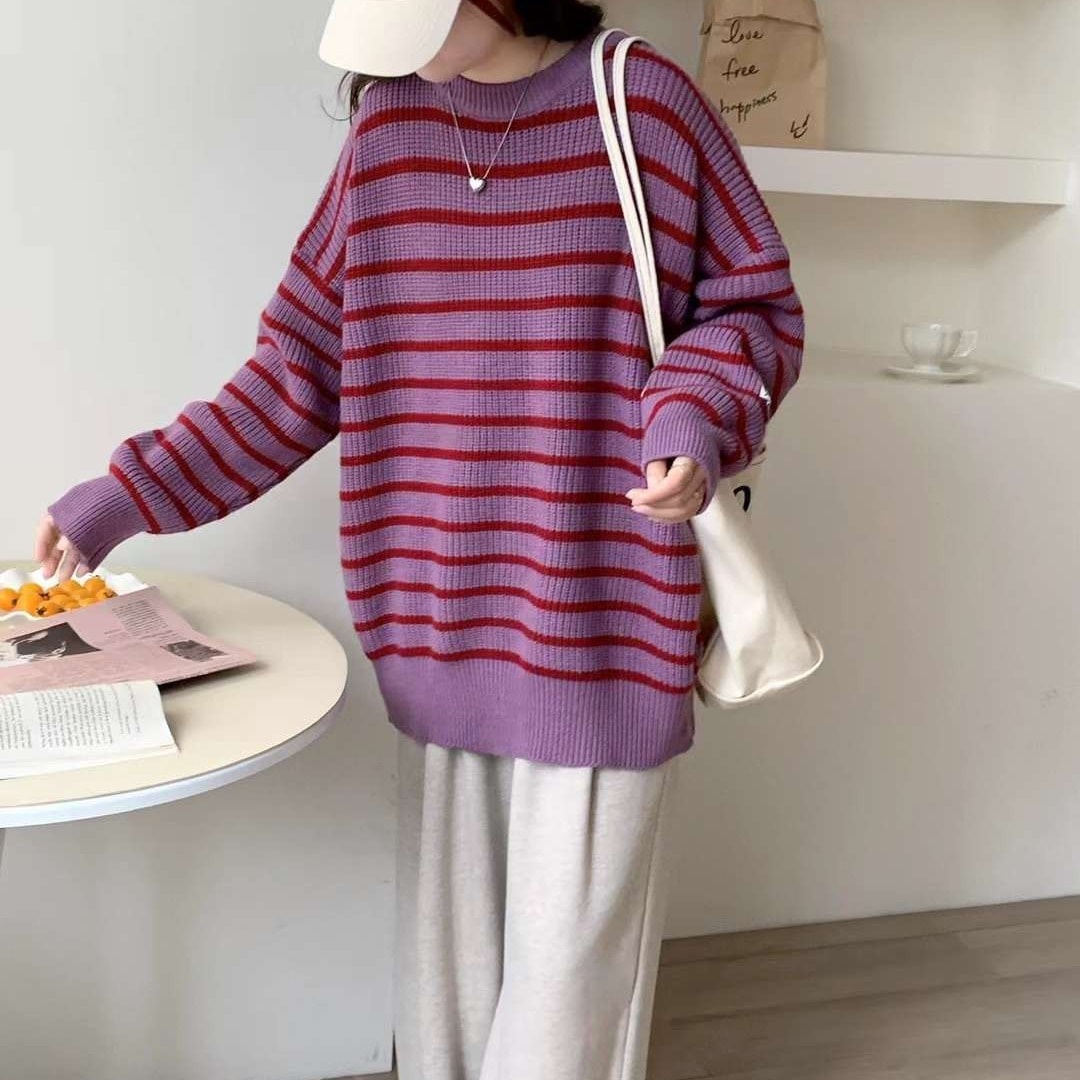 5 長袖ラウンドネックストライプニットボトムストップス女性用 5 秋冬ファッショナブルな韓国スタイルレイジートップ