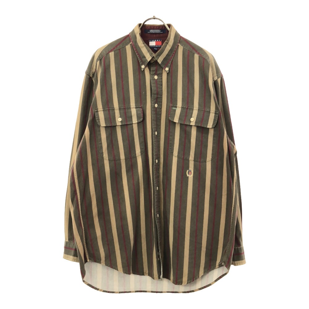 90s ストライプ 刺繍 長袖 フラッグタグ ボタンダウンシャツ M カーキ系 オールド メンズ