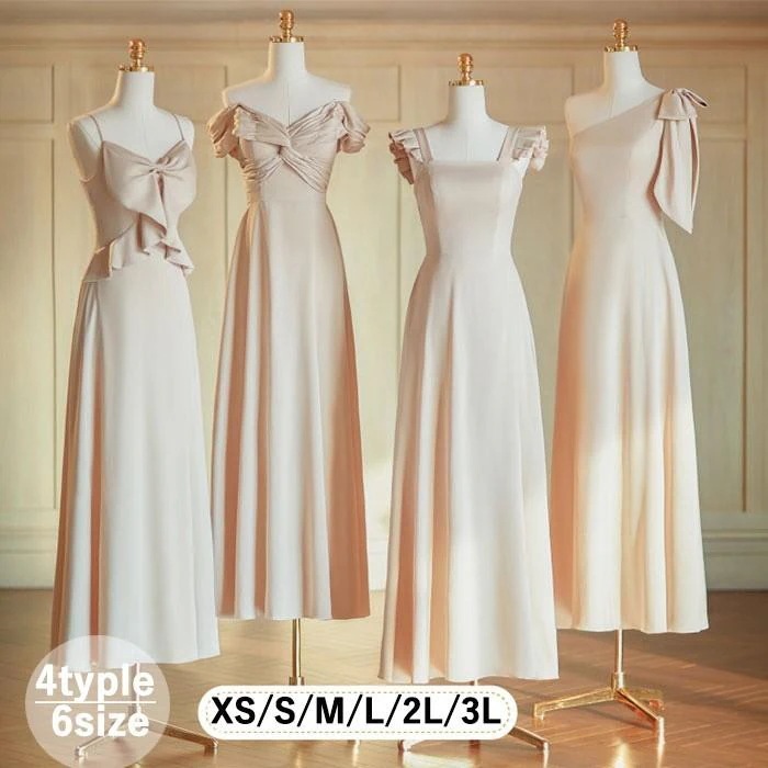 2025年最新設計ブライズメイドドレス 大人 袖付き ワンピース シャンパン色 ドレス ピアノ 発表会 ロングドレス ミモレ丈 演奏会 結婚式 演奏会ドレス