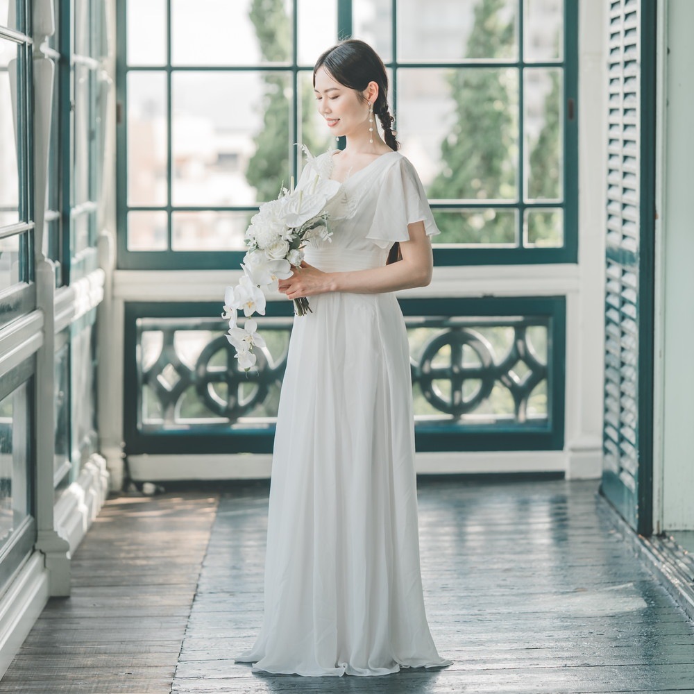 フレア袖 ネック シフォンウエディングドレス 二次会 前撮り(M-0003)