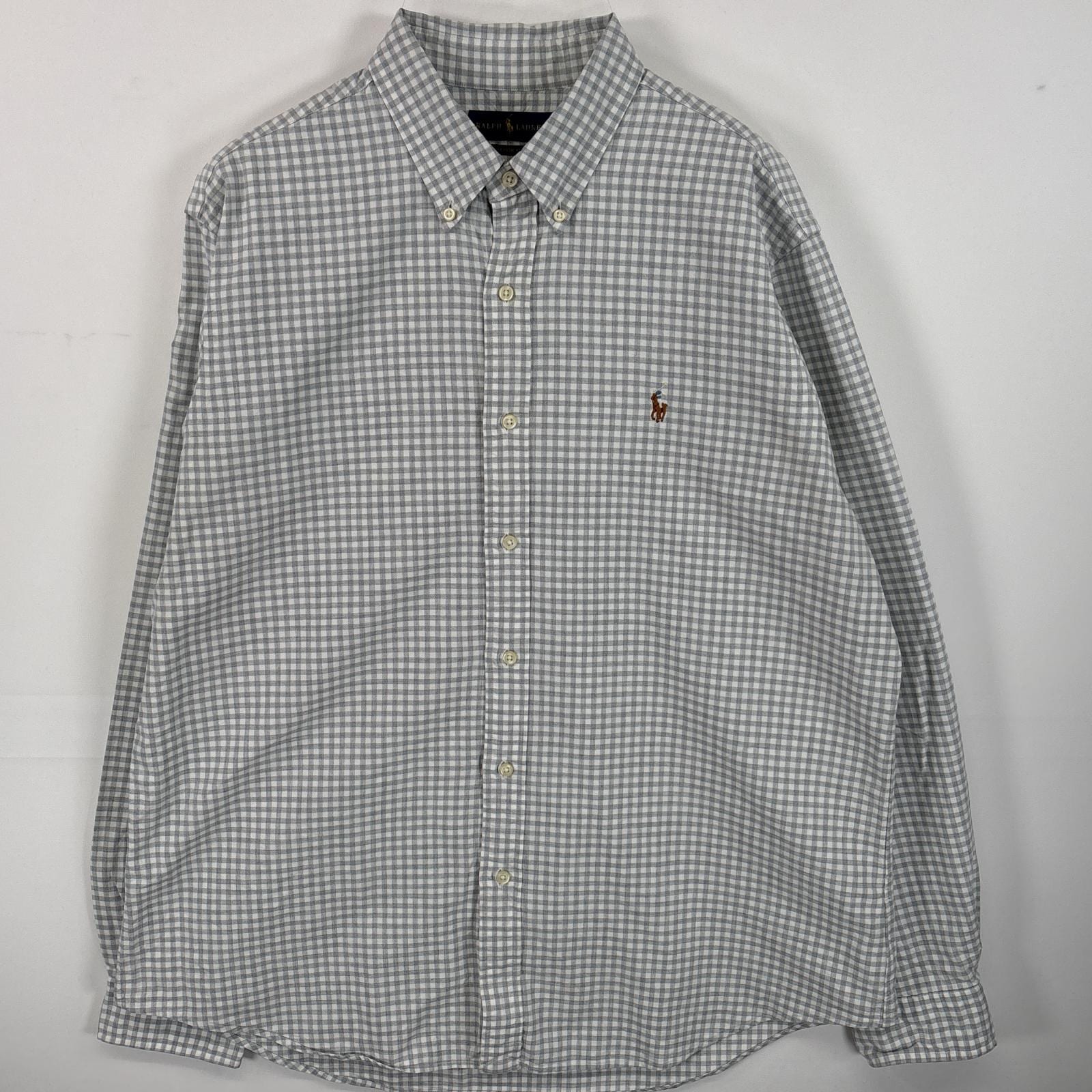 古着 長袖シャツ ボタンダウンシャツ ワンポイント ロゴ 刺繍 大きいサイズ XL グレー系 チェック メンズ