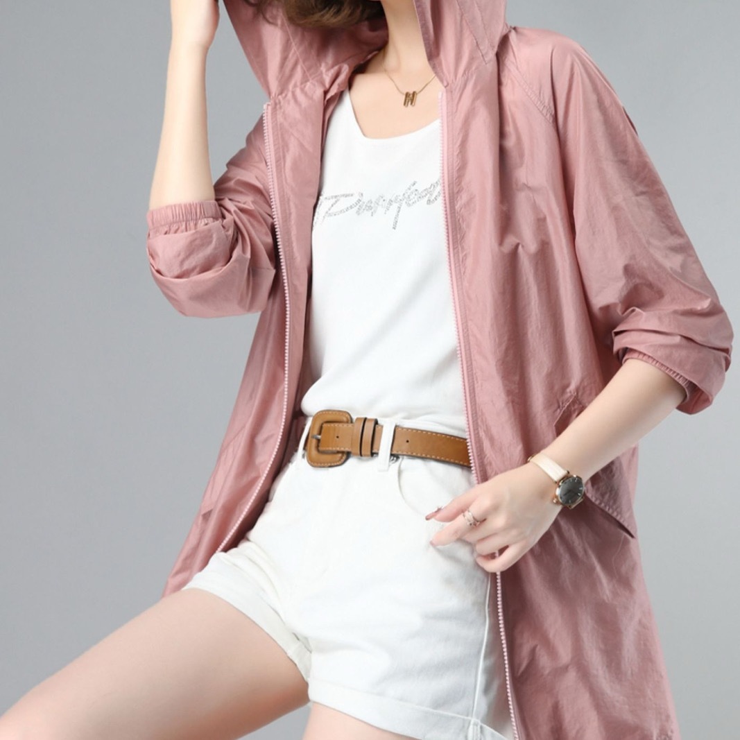 レディース パーカー ブルゾン アウター 上着 羽織 前開き ウィンドブレーカー マウンテンパーカー ナイロンジャケット ミディアム丈 長袖 ゴム袖 フード ストレート ファスナー ポケット 薄手