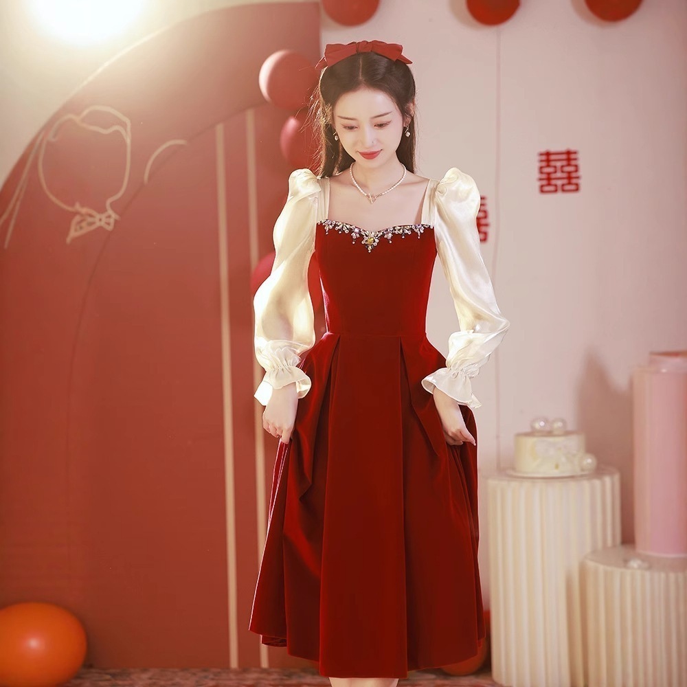 【2枚購入で 3oo円OFF】服2025花嫁は冬にガーゼスリーブエンゲージメントドレスを着ることができます通常はガウンバンケットドレス