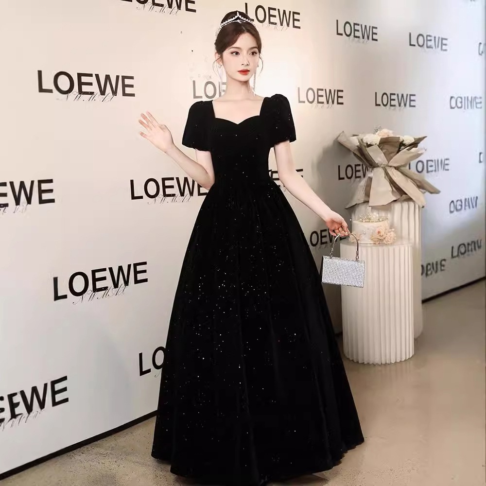 女性用ブラックイブニングドレスベルベットハイエンドボーカルアートテストピアノ大人ドレススカートホスト