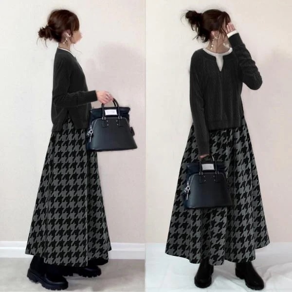 【再入荷予定】今季マストバイ エレガント スリット ニット/セーター+ 千鳥格子 スカート 二点セット レディース 秋冬