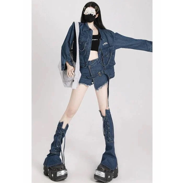 スパイスガールズデニムショートパンツスーツ女性春新作レトロストリートデザインセンスデニムジャケット3点セット