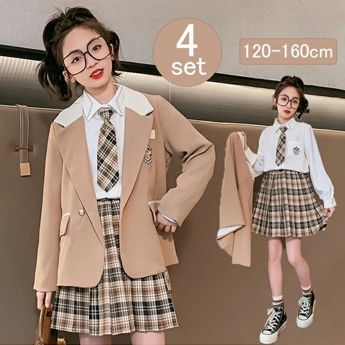 卒業式 スーツ 女の子 入学式 スーツ 4点セット フォーマルスーツ 子供スーツ フォーマル 中学生 子供服 女児 ジュニアスーツ スカートスーツ 女の子 チェック柄 プリーツスカート jk制服 入学