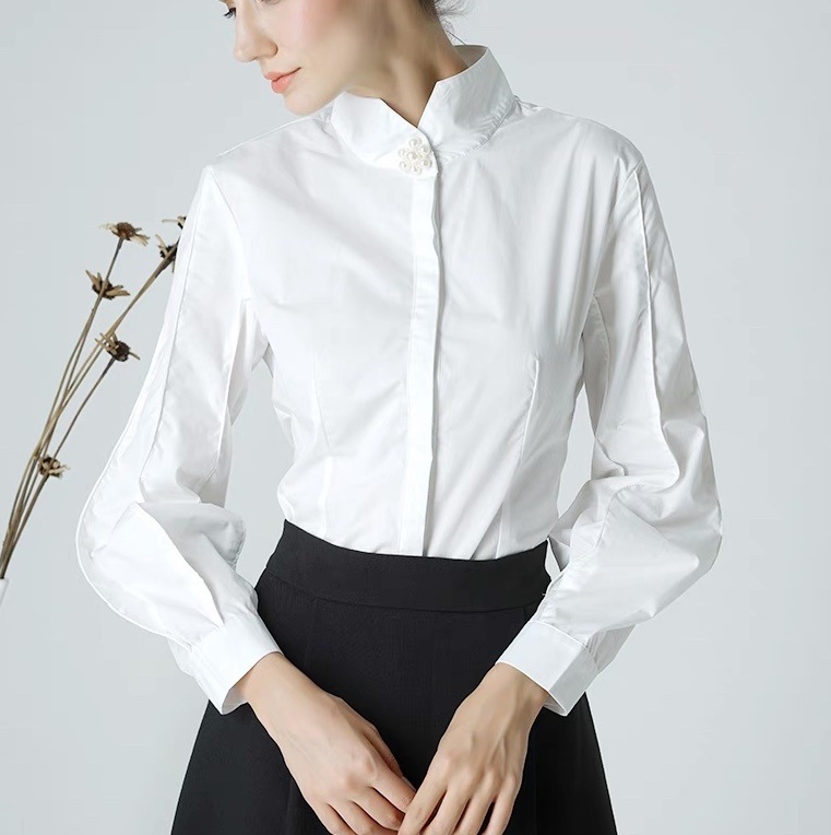 トップス シャツ ブラウス レディース 長袖 ボリューム袖 スタンドカラー オーバーサイズ ボタン かわいい 大人可愛い きれいめ シンプル 上品 おしゃれ レトロ クール エレガント モダン