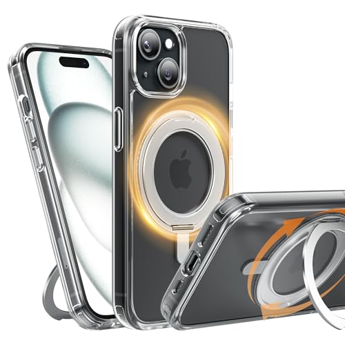iPhone 15 クリアケース MagSafe対応 耐衝撃 【360回転リング付き スタンド機能】携帯スマホケースワイヤレス充電対応 黄変防止 米軍MIL規格 超耐久 カメラレンズ保護 車載ホルダ