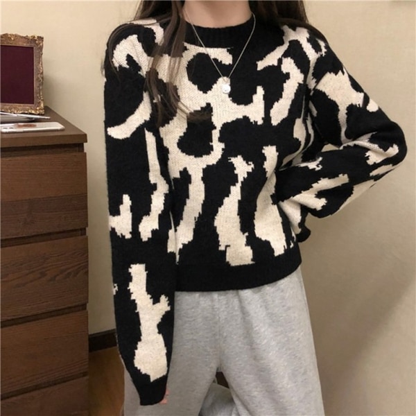 ヒョウ柄ショートセーター レディース トップス ニット セーター アウター 上着 ショート 長袖 ラウンドネック クルーネック ワイド ストレート ふっくら リブニット バイカラー 柔らかい 厚手