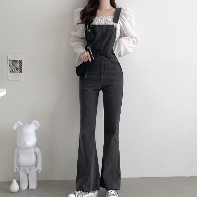 ストラップパンツ女性韓国ゆったりストレートマイクロホーンジーンズ夏ヴィンテージエイジング1スキニースリングトラウザーズ パンツ サロペット ズボン ロング丈 ストレート ウエストマーク ハイウエスト