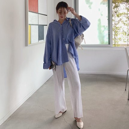 【取寄：納期2週間】長袖シャツ レディース トップス ストライプシャツ ゆったり オーバーシルエット ルーズシャツ カジュアル おしゃれ デイリー コットン 綿 ブルー オフィス 長袖シャツ