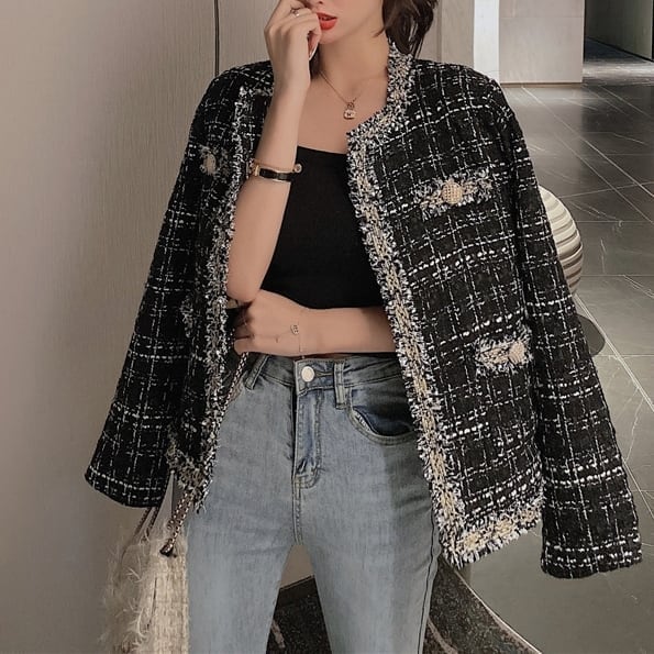 ジャケット レディース ノーカラージャケット チェック 格子柄 フリンジ ツイード メタルボタン クルーネック ショート丈 パフスリーブ バイカラー アウター ミディアム丈 オーバーサイズ lout0