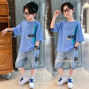 【ins大人気】正規品韓国子供服 セットアップ 130cm 150cm トップス デニムパンツ 男の子 ジーンズ カジュアル 夏 半袖 ズボン ゆったり リゾート スーツ キッズ 可愛い最安値挑戦！