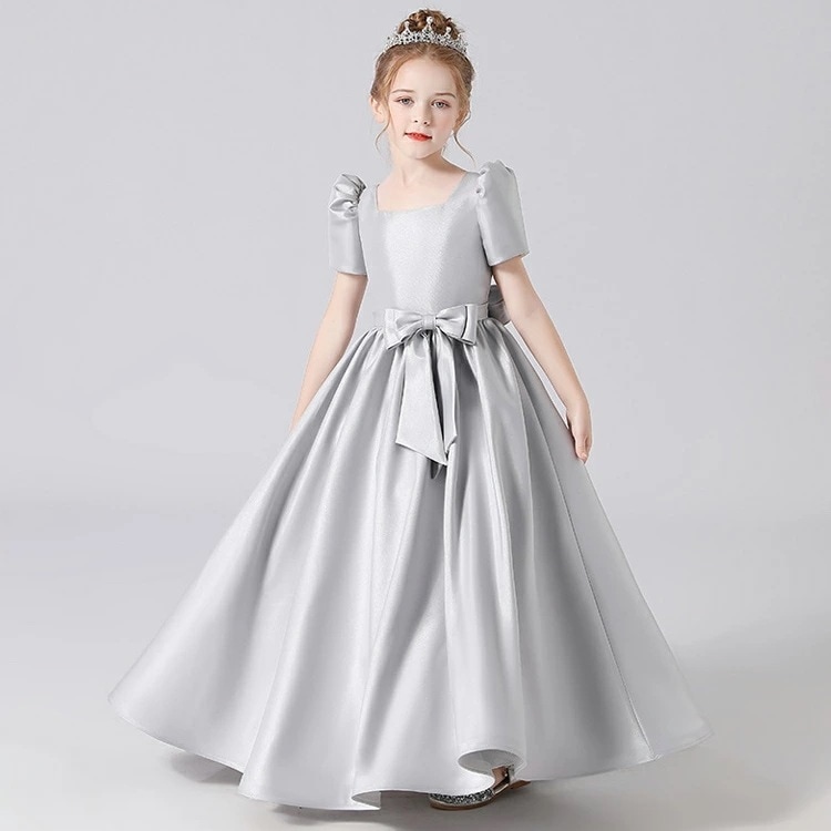 全4色 子供ドレス サテン ドレス ピアノ発表会 ロングドレス グレー ワイン赤 ブルー 白 女児ドレス ウエストリボン オシャレ 演奏会ドレス 女の子ドレス キッズドレス 演出服 ロング パフスリー