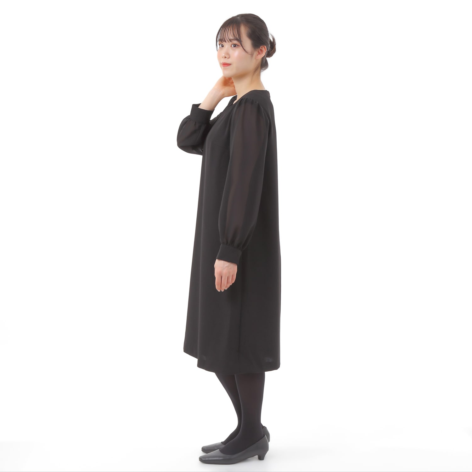 喪服 夏まで使える 袖透けワンピース ひざ下丈 礼服 ブラックフォーマル 113810