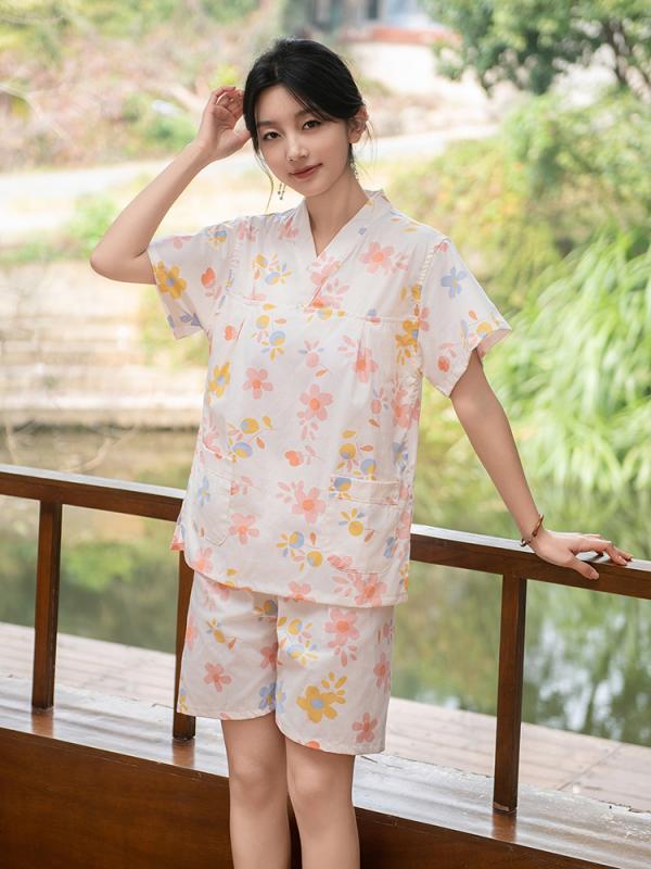サウナ服 パジャマ ルームウェア 韓国 コットン 胸パッド付き レディース 入浴 マッサージ 大きいサイズ 花柄 ホワイト