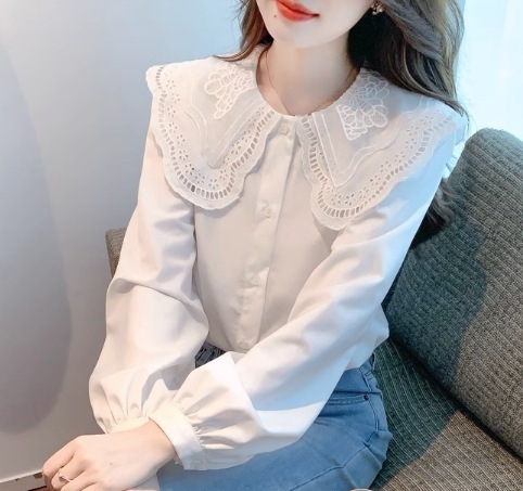 レディース トップス シャツ ブラウス 長袖 Uネック 襟付き シフォン かわいい 大人可愛い シンプル カジュアル 上品 おしゃれ こなれ感 ラフ ガーリー ナチュラル カジュアルダウン 無地 春