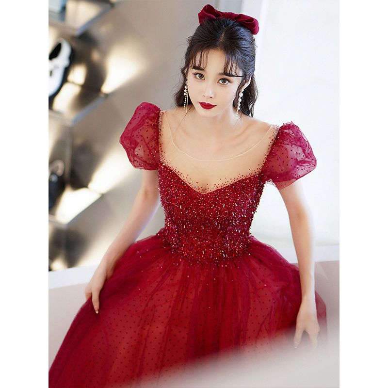 乾杯花嫁 2025 ワインレッド お出かけ ライト ウェディングドレス 結婚式 婚約 プリンセスドレス チュチュスカート ウェディングドレス