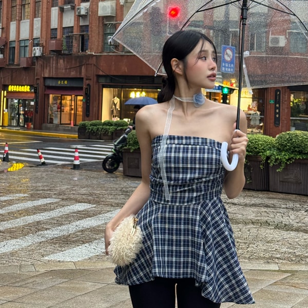 韓国ファッション ブローチ チョーカーセット チェック フレア チューブトップブラウス