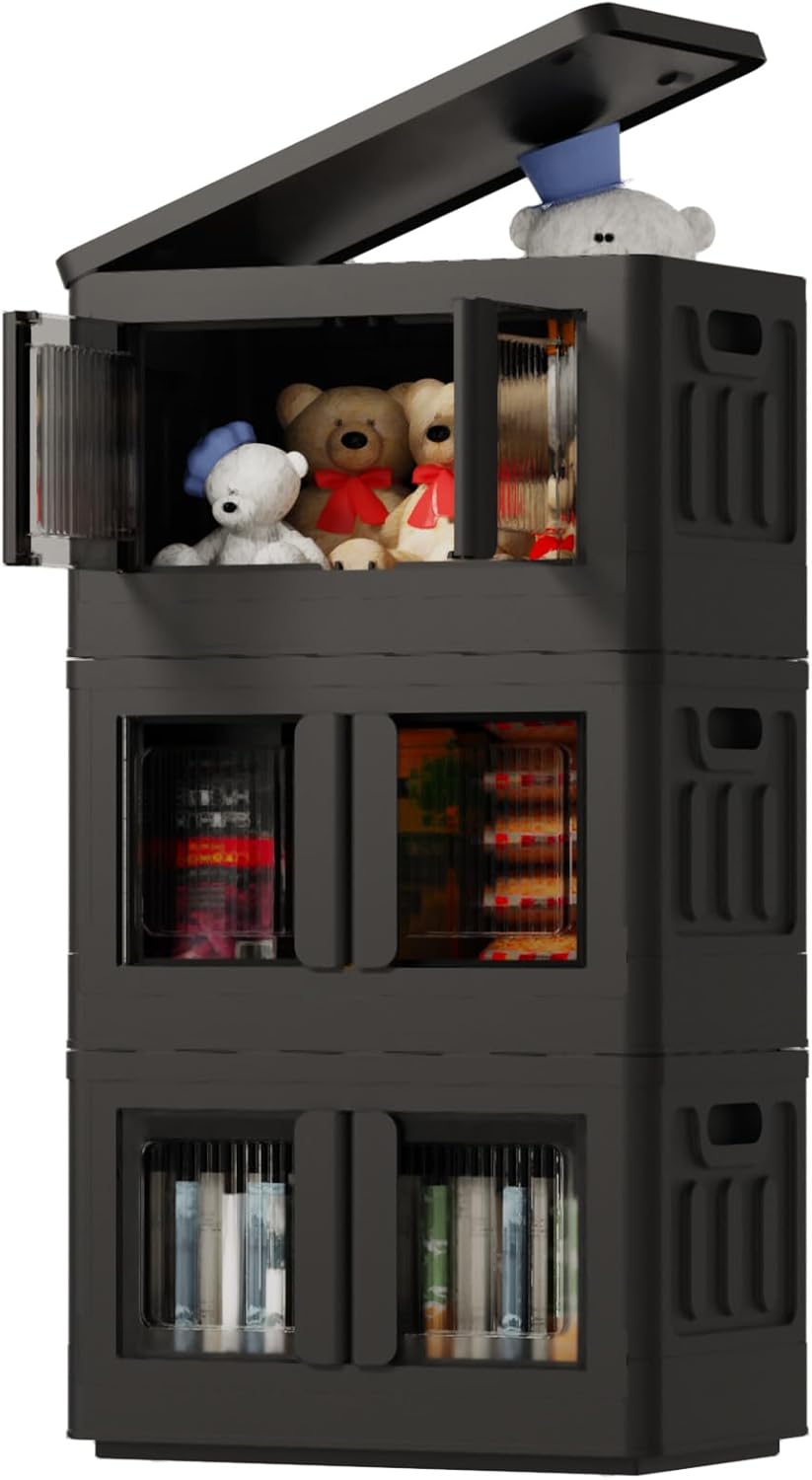 収納ボックス 衣装ケース 収納ケース コンテナ ボックス ST 折り畳み式 積み重ね可能 キャスター付き 衣類収納 書類収納(ブラック（タイプA）, 32L（3個）)