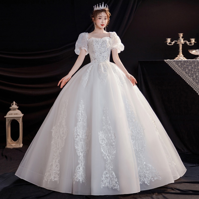 ウェディングドレス 白 花嫁 結婚式 ドレス パーティードレス 二次会 ホワイト 花嫁 ウェディング プリンセスドレス 白ドレス ロングドレス トレーン　引き裾 披露宴 編み上げ