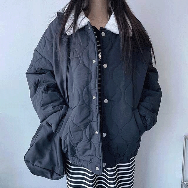 [ビッグサイズ~3XL] ファーカラー 波 キルティング オーバーフィット ダウン ジャケット