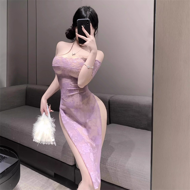 超高人気！正規品紫嫣金役は せいふく役を演じて1字肩レースワンピースお姉さん包みお尻チャイナドレス高いフォークスカートを演じます