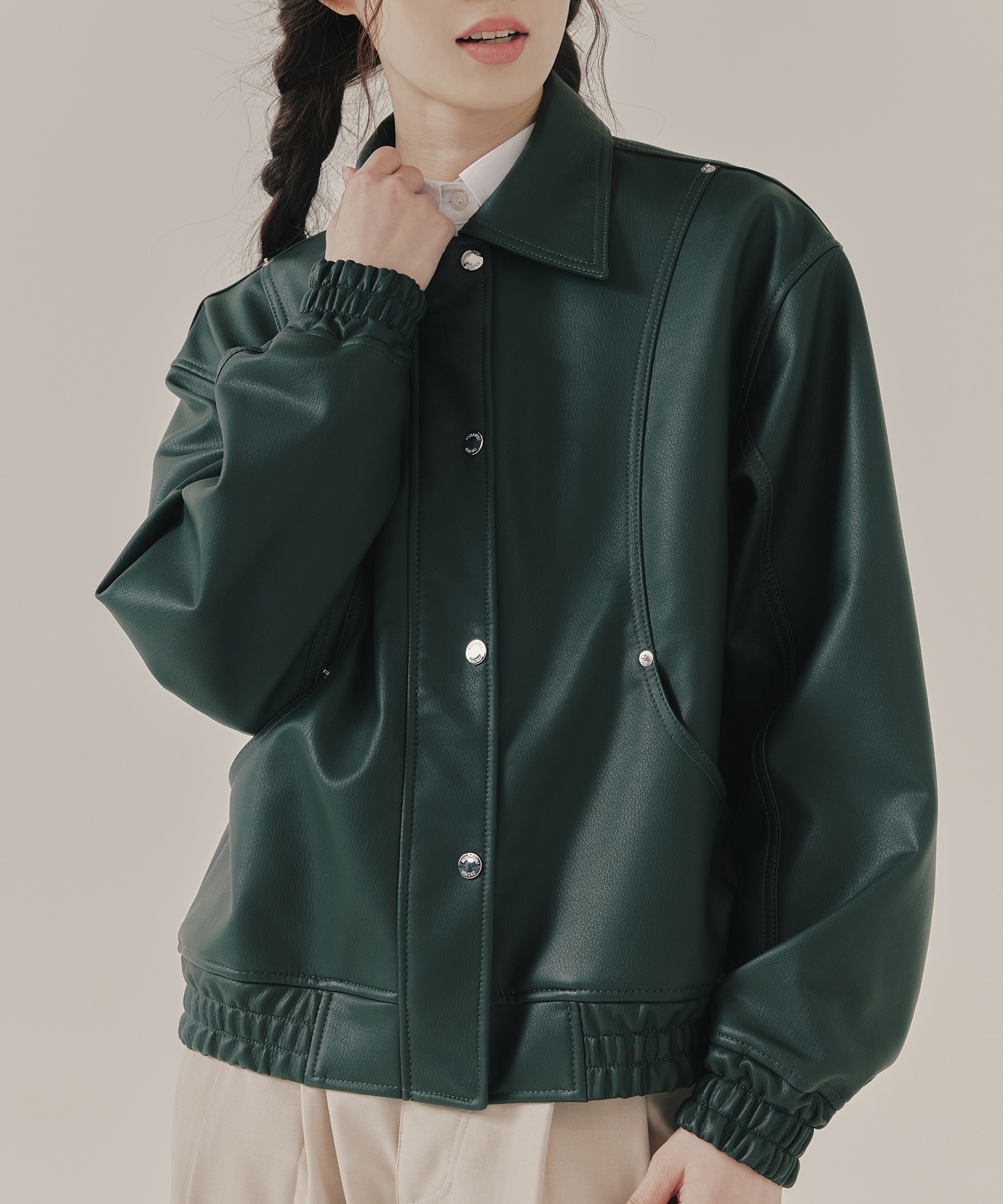 ロマンチッククラウンビーガンレザーバイカージャケット_グリーン