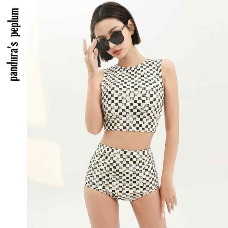 ビキニ レディース 水着 白 黒 レトロ ハイウエスト ワイヤーなし ラウンドネック セパレート 上下セット 海 プール 胸パッドあり パンツ