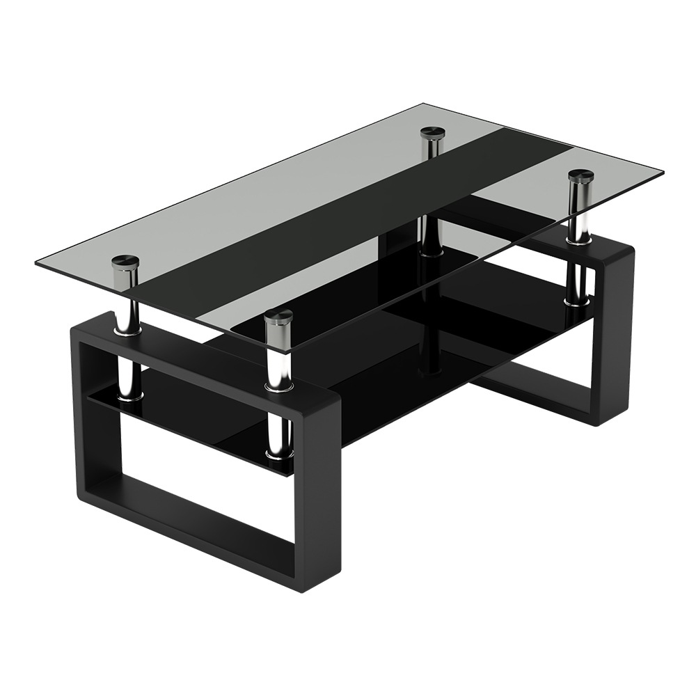 [国内即発送]ガラステーブル ローテーブル コーヒーテーブル 幅87.5x奥47.5x高さ39.5cm 収納棚 口字型のテーブル脚 強化ガラス天板 クリア棚 おしゃれ43