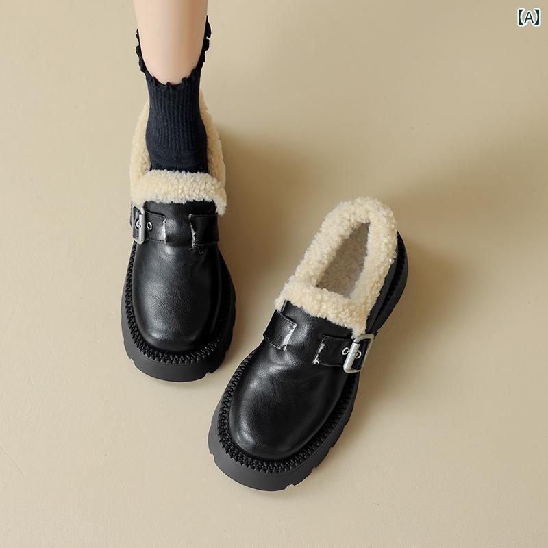 ローファー 革靴 レディース カレッジ 学生 通勤 通学 厚底 プラス フリース ウール カジュアル 女性 スタイル 革 ハイヒール 暖かい 毛皮 靴 深口 シングル シューズ