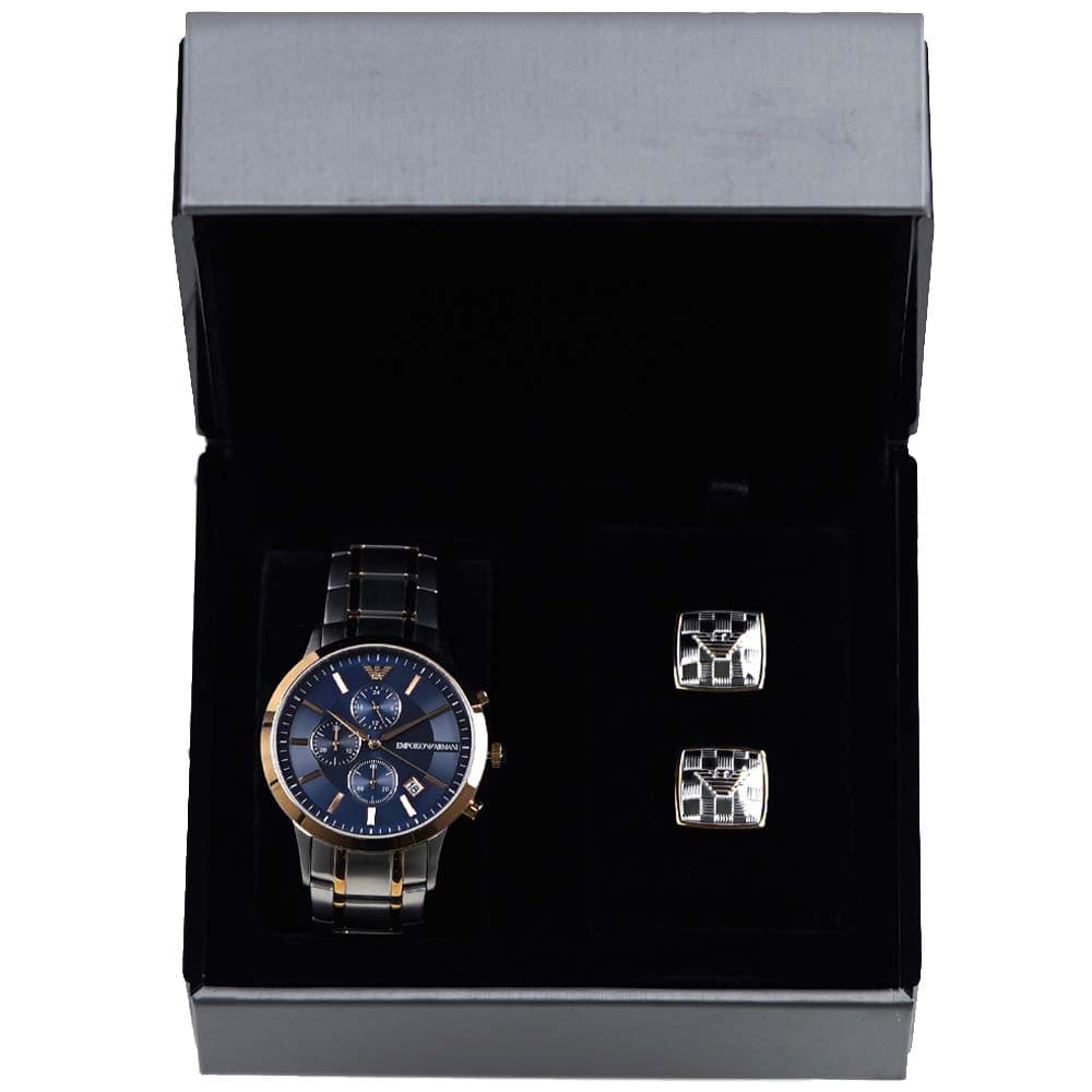 [訳ありアウトレット/箱] エンポリオアルマーニ 腕時計 クロノグラフ 日付カレンダー メンズ カフリンクス カフス ボタン セット シルバー×ネイビー EMPORIO ARMANI AR80025