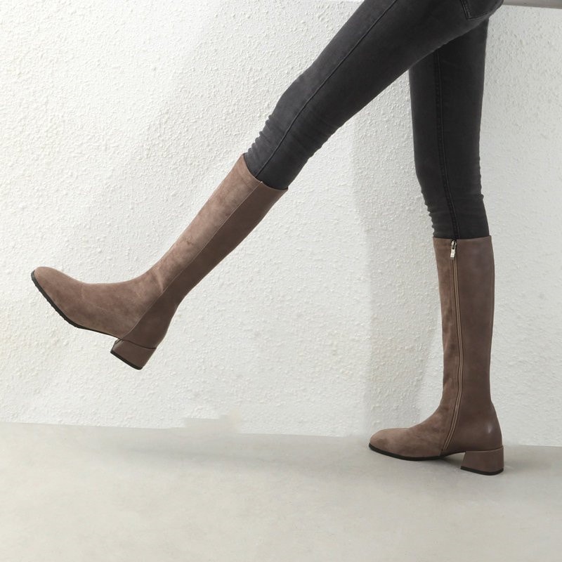 ロングブーツ レディースブーティー歩きやすい 防寒ストレッチロングブーツ内ボア黒太めヒール おしゃれ