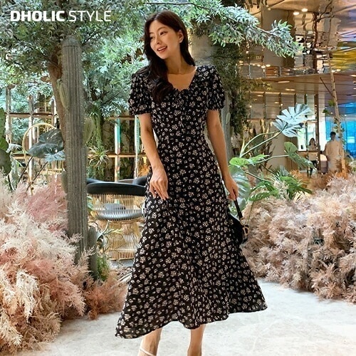 [メガ割りSALE]フリルカラーリボン花柄パフ半袖ワンピース・p676428