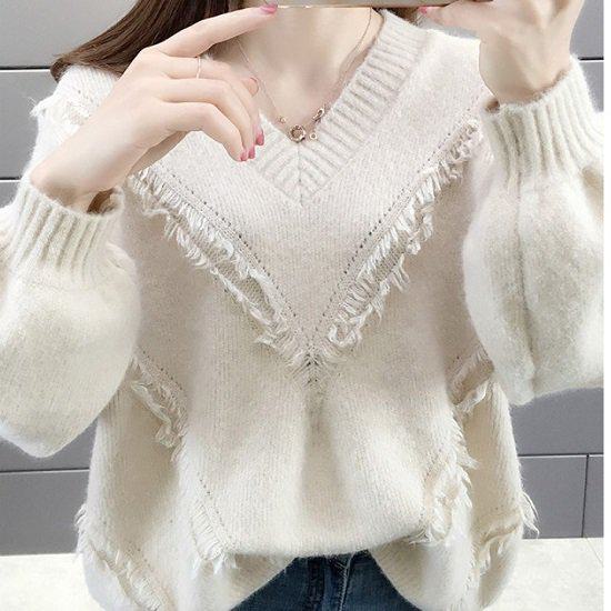 セーター レディース ニット トップス 大きいサイズ XL カラバリ 無地 シンプル モヘア 長袖 ルーズ Vネック フリンジ デザイン 体型カバー 通勤 オフィス 通学 秋冬 おしゃれ かわいい 大
