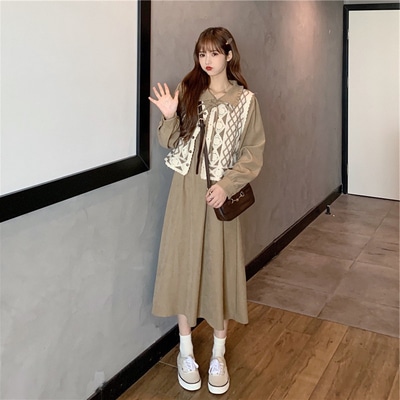 トップス ワンピース デート ニットソー セーター ベスト フレアワンピース ロング ロング丈 春 個性的 ベージュ ブラック S M L XL セットアップ レディース こなれ感 エレガント