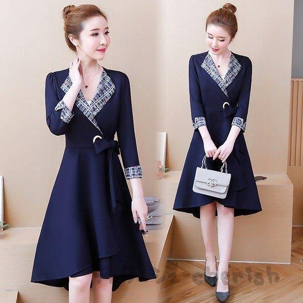 ワンピース レディース 40代 秋冬 長袖 きれいめ 上品 膝丈ワンピース 折り襟 リボン 大きいサ