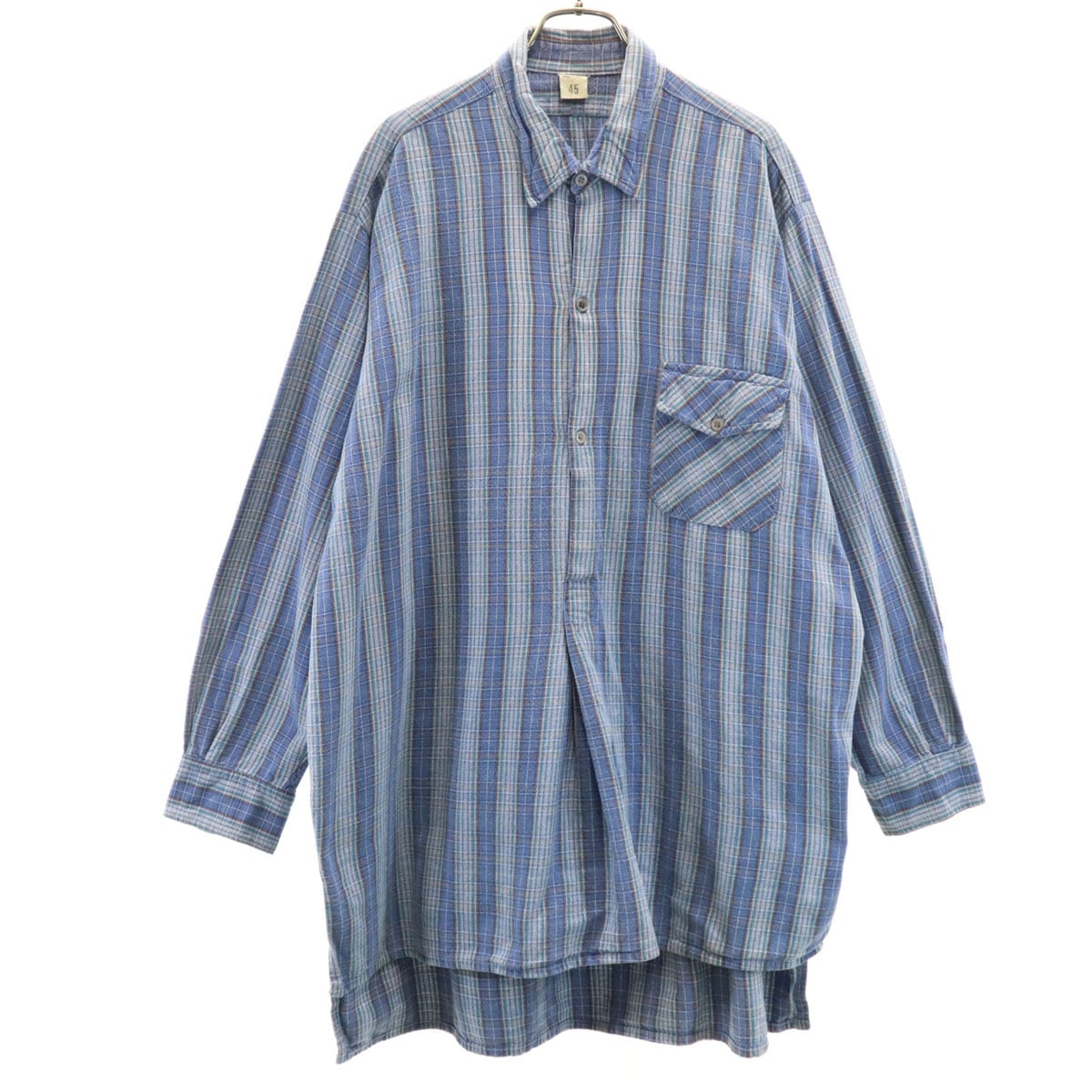 EURO WORK ユーロワーク 50s フランス製 グランパ マチ付き チェック柄 長袖 ハーフボタン グランパ シャツ 45 ブルー系 プルオーバー メンズ 古着
