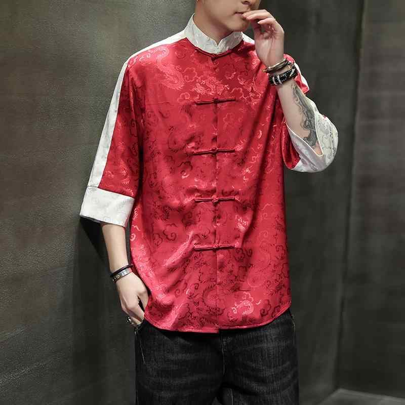 チャイナ シャツ メンズ 中華風 夏 カジュアル レトロ トップス 7分袖 ジャケット ジャガード レッド イエロー ネイビー 5,338円
