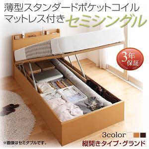 国産 跳ね上げ収納ベッド [Freeda]フリーダ [薄型スタンダードポケットコイルマットレス付き] 縦開き セミシングル 深さグランド [フレーム色]ダークブラウン